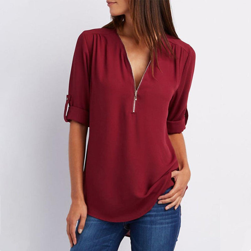Clapfun™ V Neck Zipper Patchwork Plain Blouses