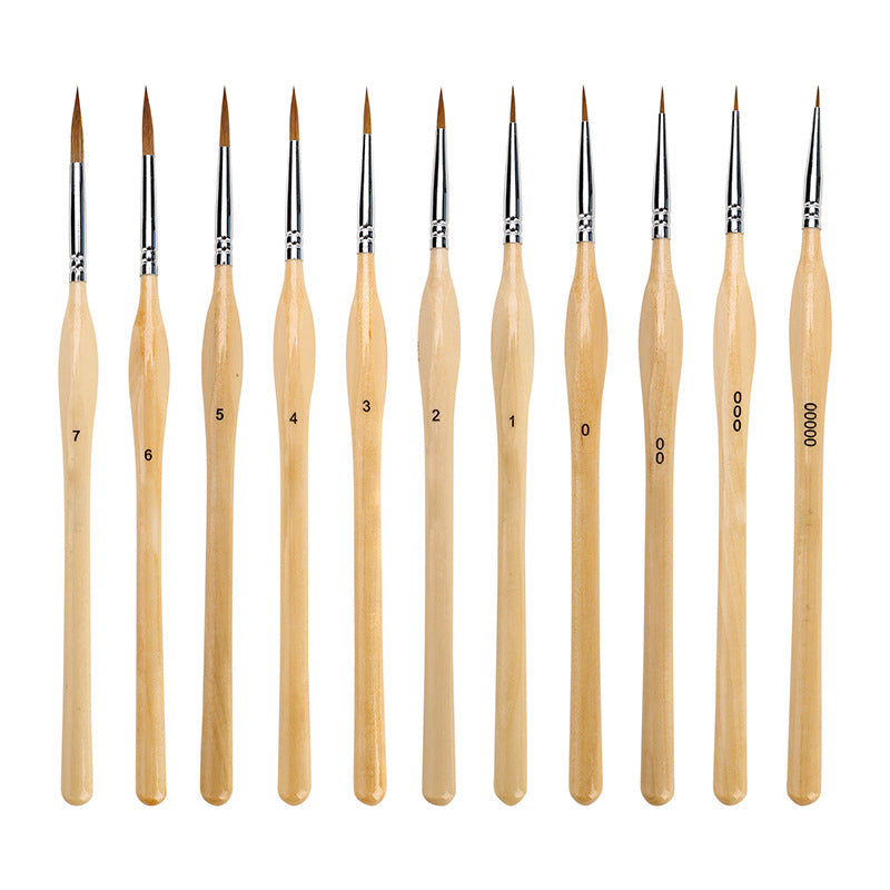 11 Pcs Miniature Detail Paint Brush Set With Natural Wood Handle